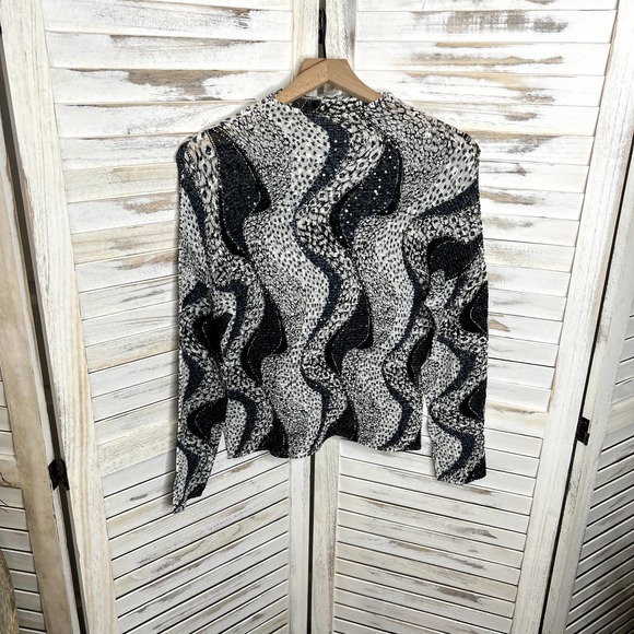 ALBERTO MAKALI Women's Crinkle Sequin Leopard Animal Print Top Blous Black White - Picture 6 of 15